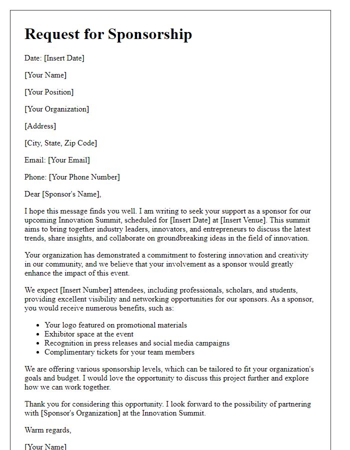 Letter template of sponsorship request for innovation summit participation.