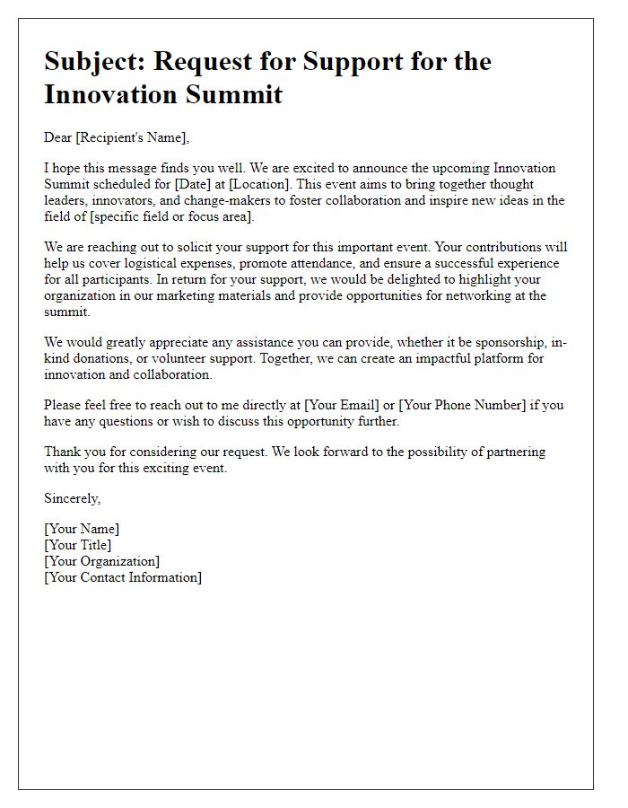 Letter template of support solicitation for innovation summit activities.