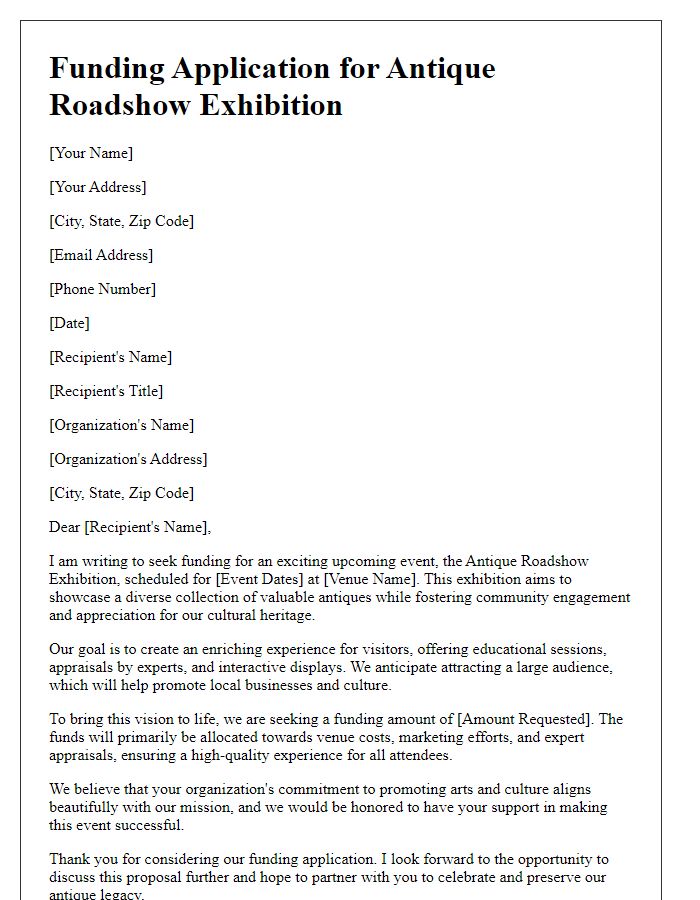 Letter template of funding application for antique roadshow exhibition.