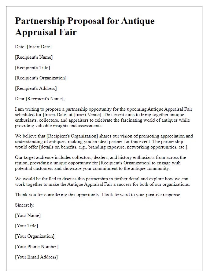 Letter template of partnership proposal for antique appraisal fair.