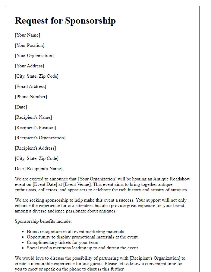 Letter template of sponsorship request for antique roadshow event.