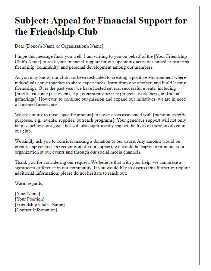 Letter template of appeal for friendship club financial support