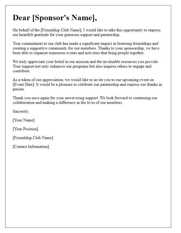 Letter template of appreciation for friendship club sponsors