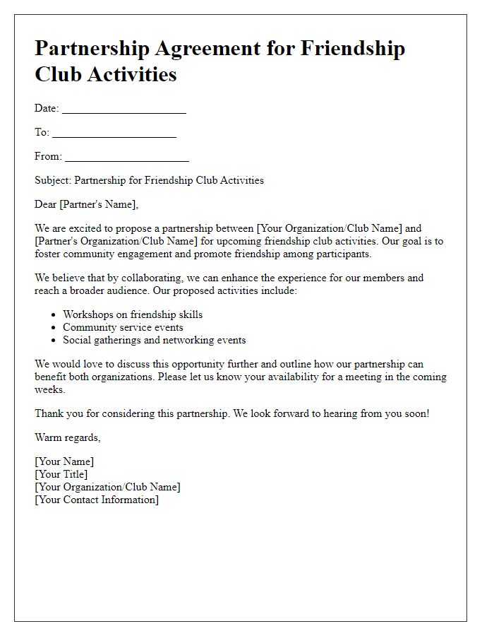 Letter template of partnership for friendship club activities