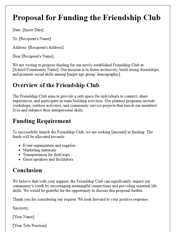 Letter template of proposal for funding a friendship club