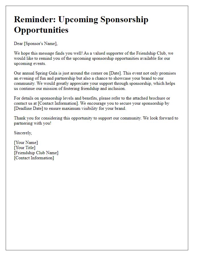 Letter template of reminder for upcoming friendship club sponsorship opportunities