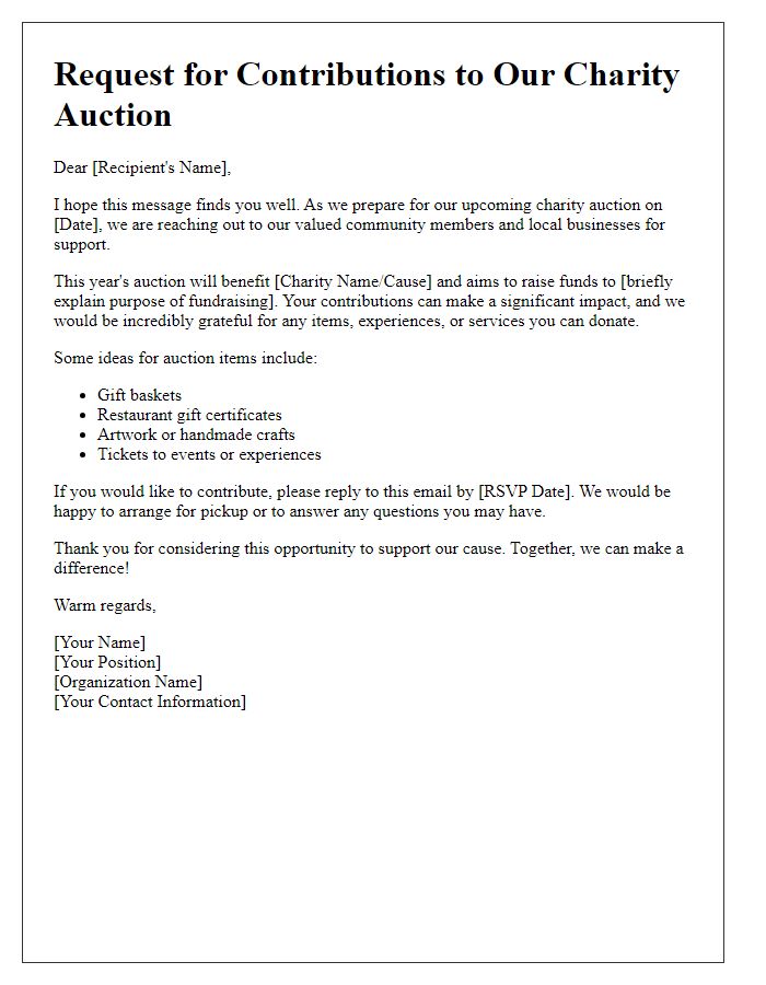 Letter template of outreach for charity auction item ideas and contributions