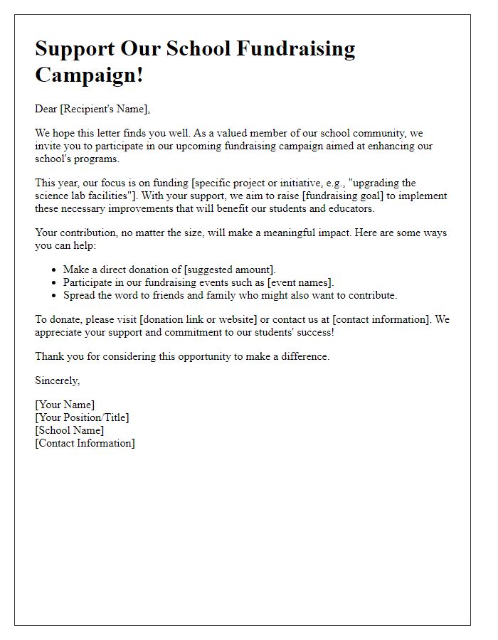 Letter template of school fundraising campaign for specific projects