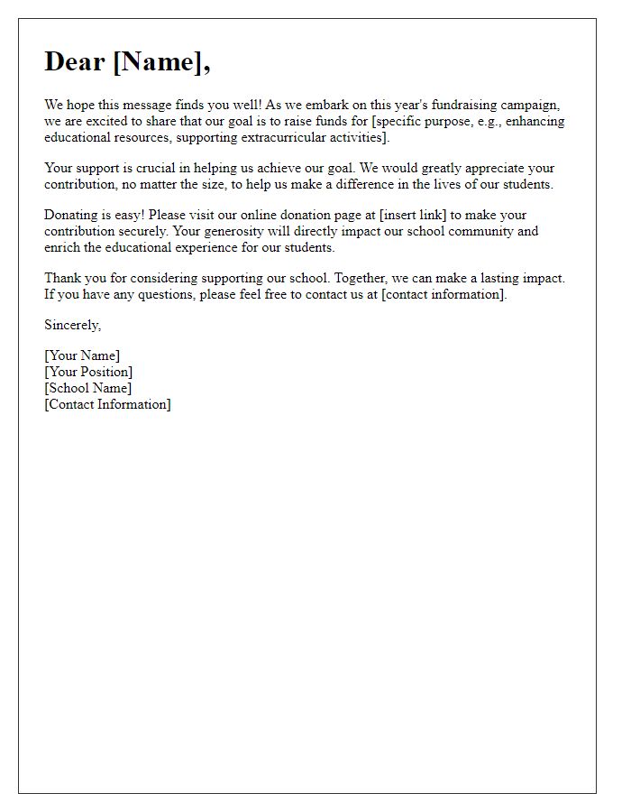 Letter template of school fundraising communication for online donations