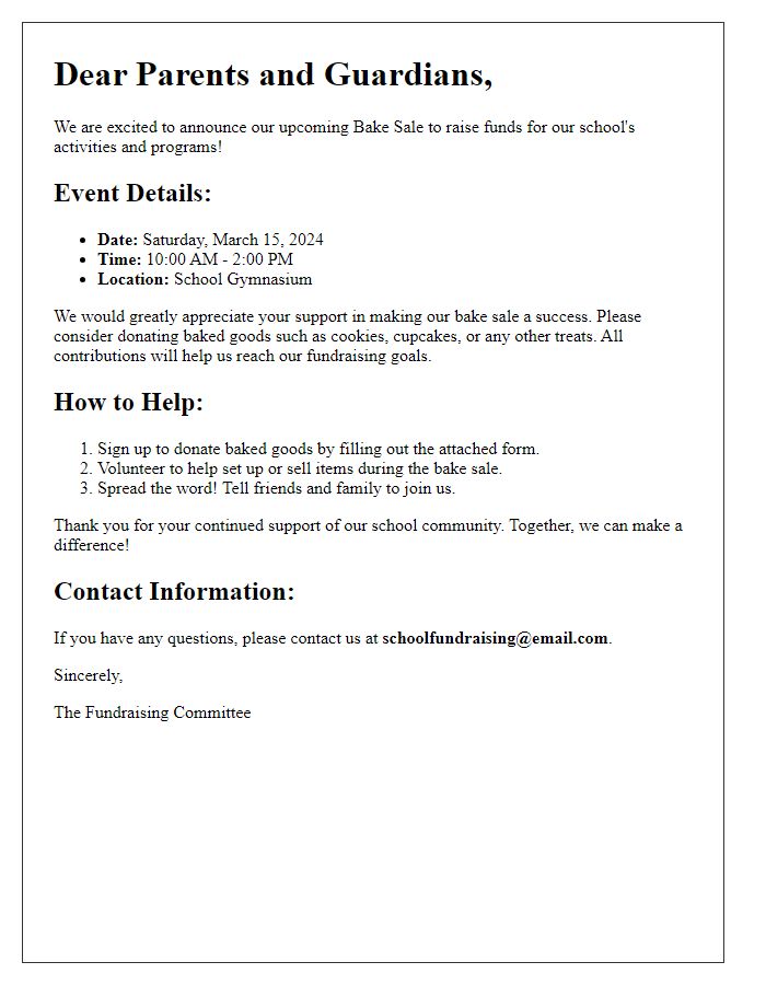 Letter template of school fundraising notice for bake sales