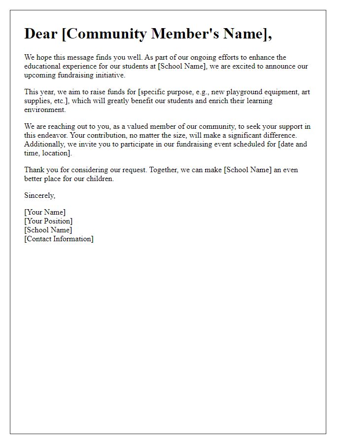 Letter template of school fundraising request for community support