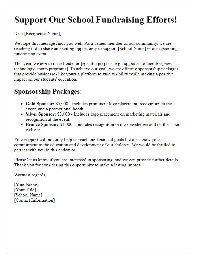 Letter template of school fundraising solicitation for sponsorship packages