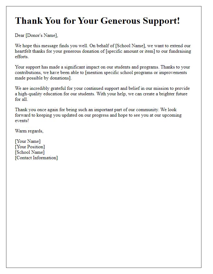 Letter template of school fundraising thank you for past donations