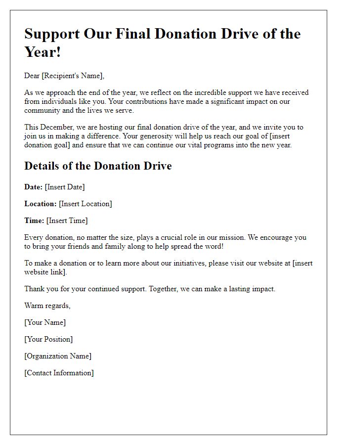 Letter template of final donation drive for the year