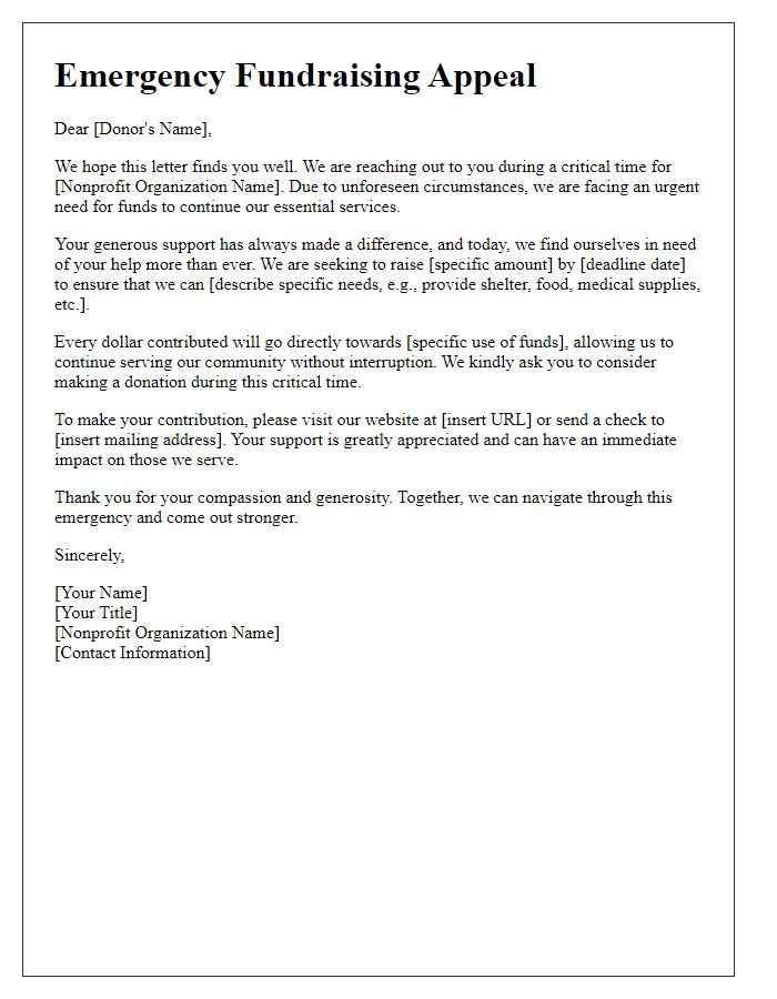 Letter template of emergency fundraising for nonprofit organization needs