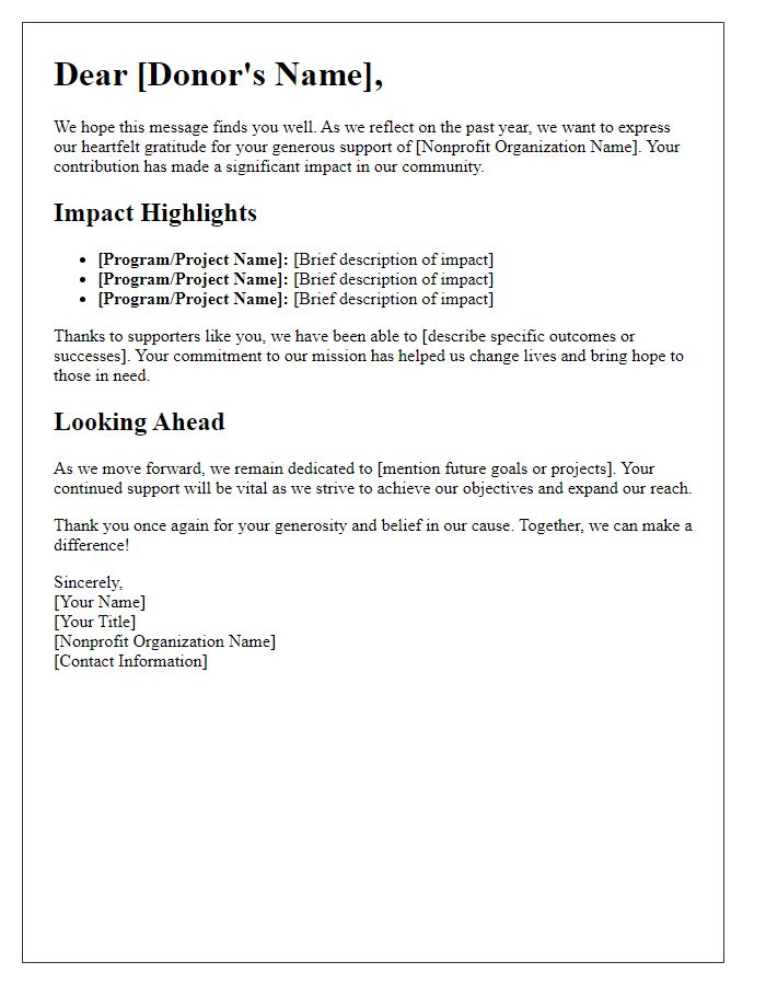 Letter template of impact report for nonprofit donor appreciation