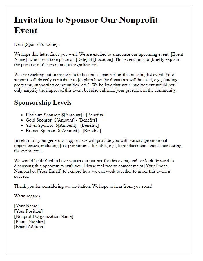 Letter template of sponsorship invitation for nonprofit event donations