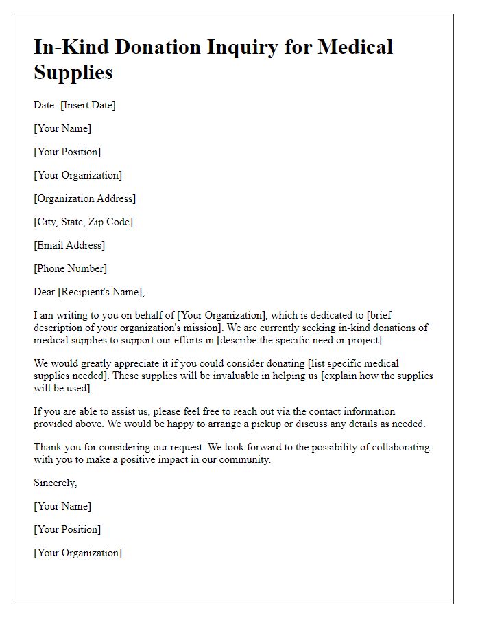 Letter template of in-kind donation inquiry for medical supplies