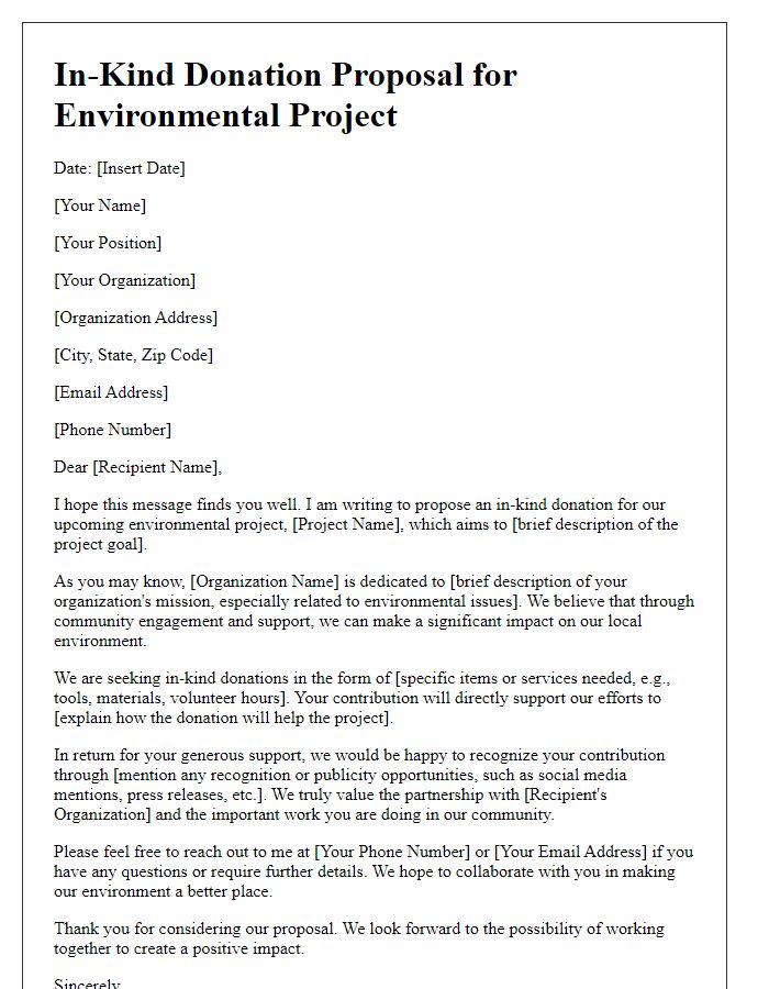 Letter template of in-kind donation proposal for environmental project