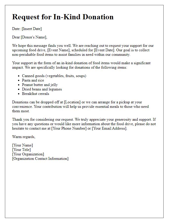 Letter template of in-kind donation request for food drive