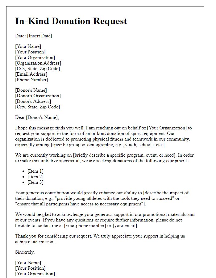 Letter template of in-kind donation request for sports equipment