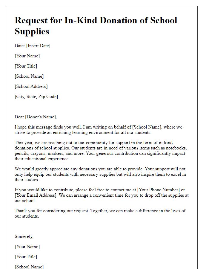 Letter template of in-kind donation solicitation for school supplies