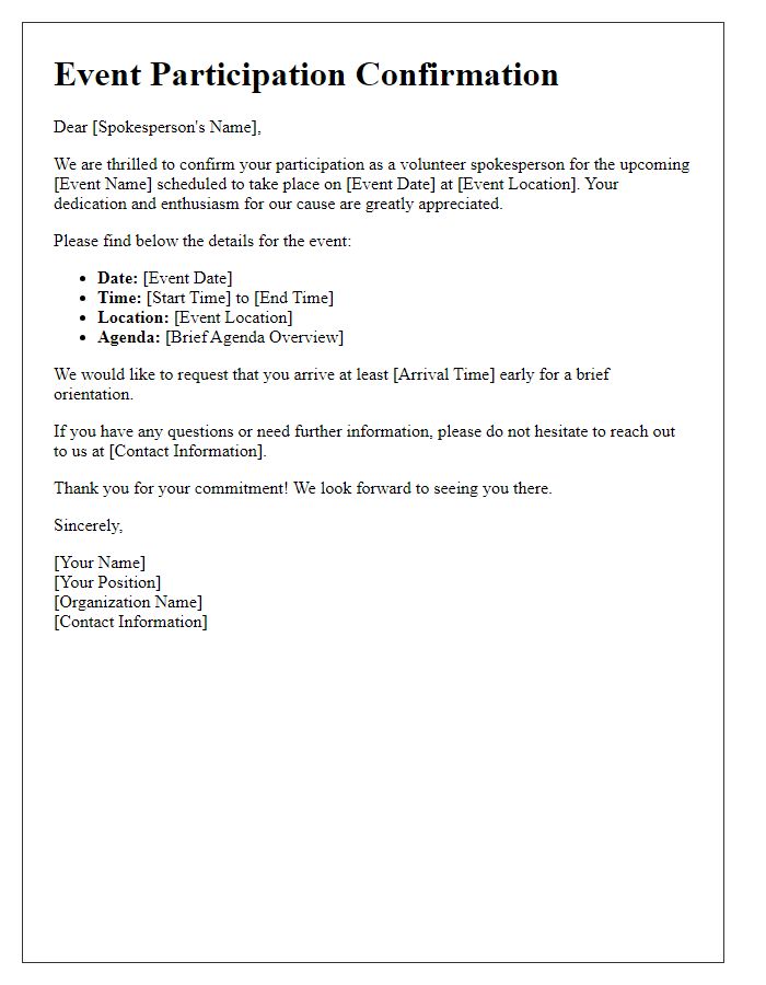 Letter template of volunteer spokesperson event participation confirmation