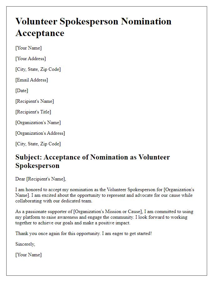 Letter template of volunteer spokesperson nomination acceptance