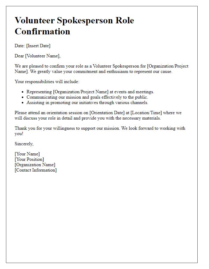 Letter template of volunteer spokesperson role confirmation