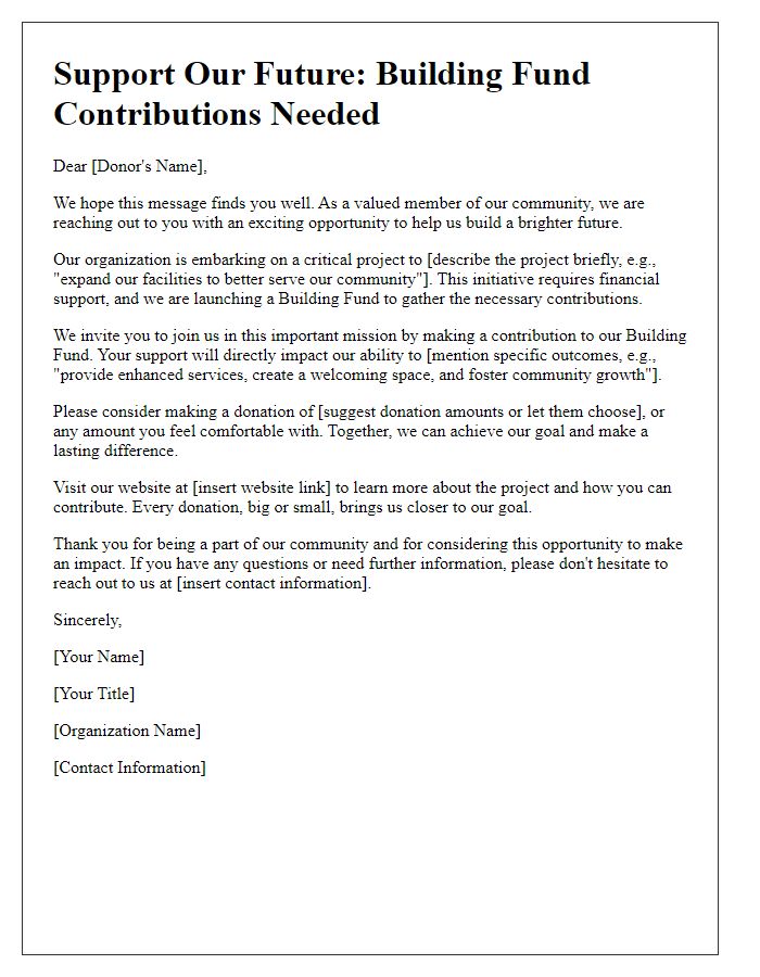 Letter template of call to action for building fund contributions