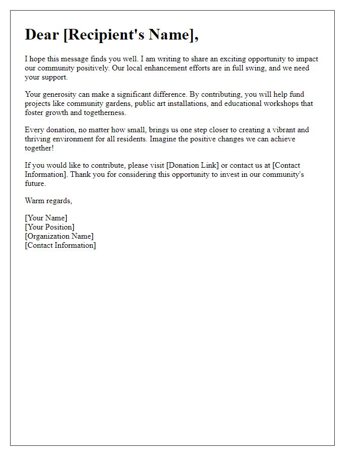 Letter template of encouragement for donating to community enhancement efforts