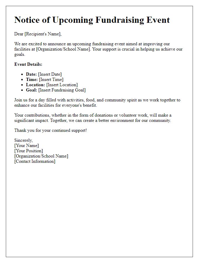 Letter template of notice for upcoming fundraising for facilities improvement