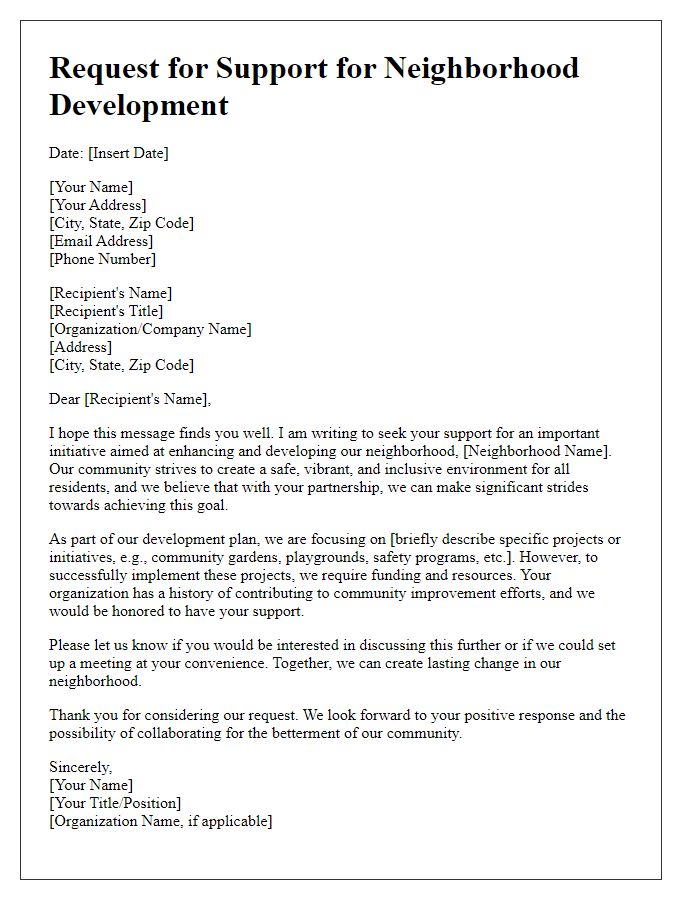 Letter template of solicitation for support toward neighborhood development