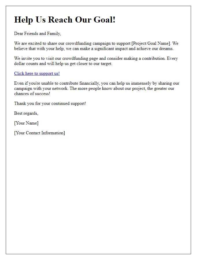 Letter template of a call-to-action for sharing crowdfunding links