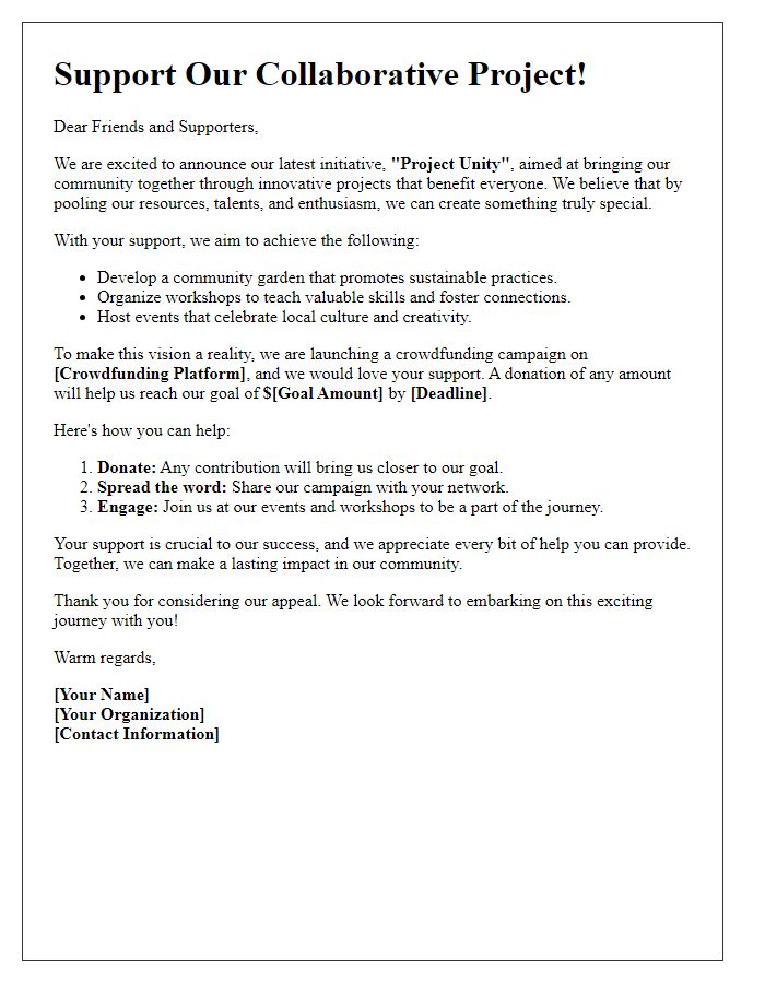 Letter template of a collaborative crowdfunding appeal for group projects