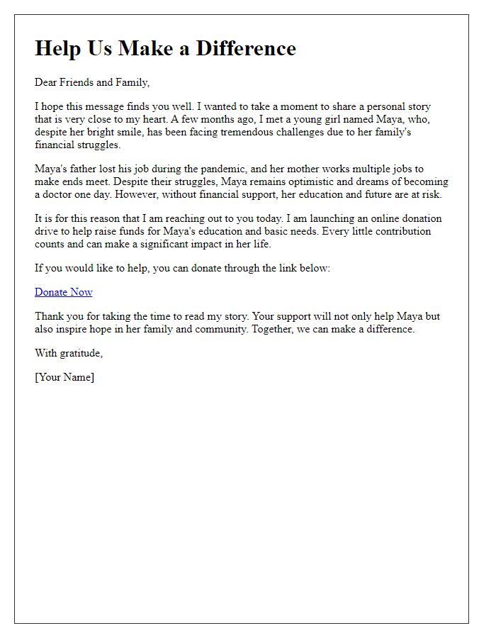 Letter template of a personal story for online donation drive