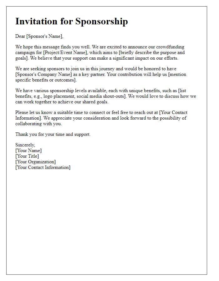 Letter template of a sponsorship invitation for crowdfunding efforts