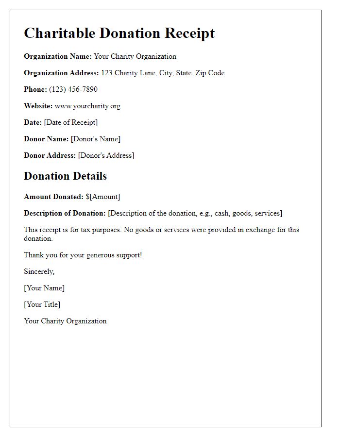 Letter template of charitable donation receipt for tax purposes.