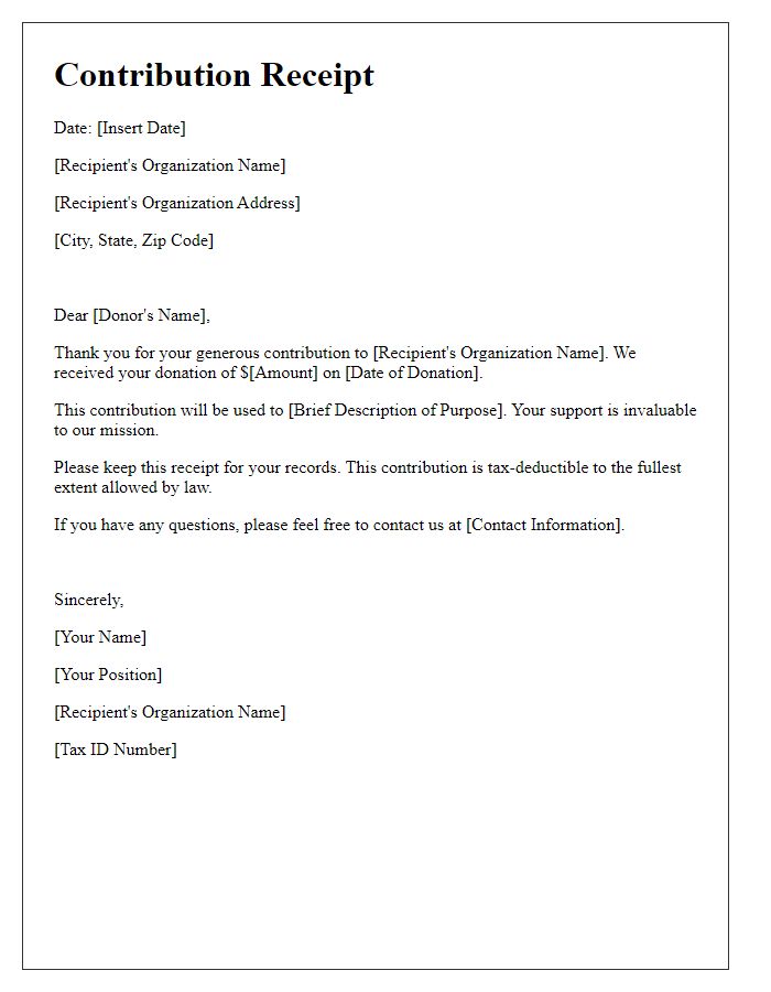 Letter template of contribution receipt for tax reporting.