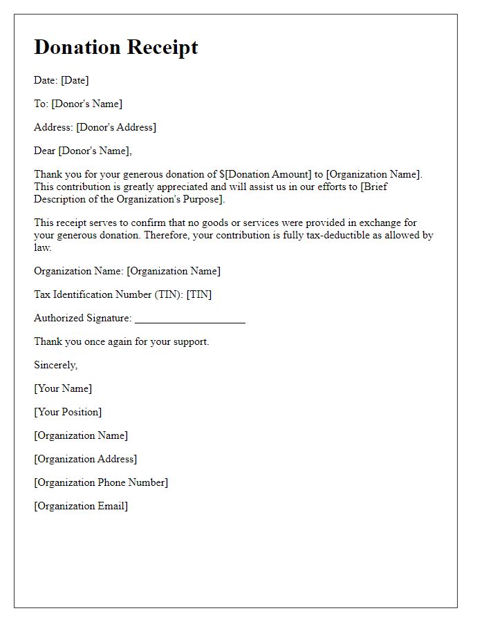 Letter template of receipt for tax-deductible donation.