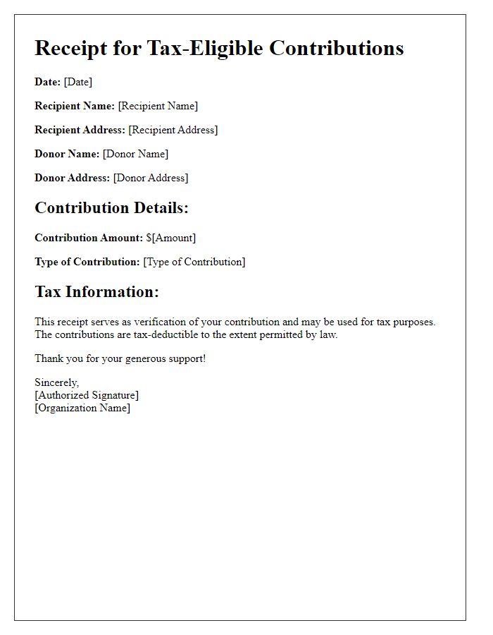 Letter template of receipt for tax-eligible contributions.