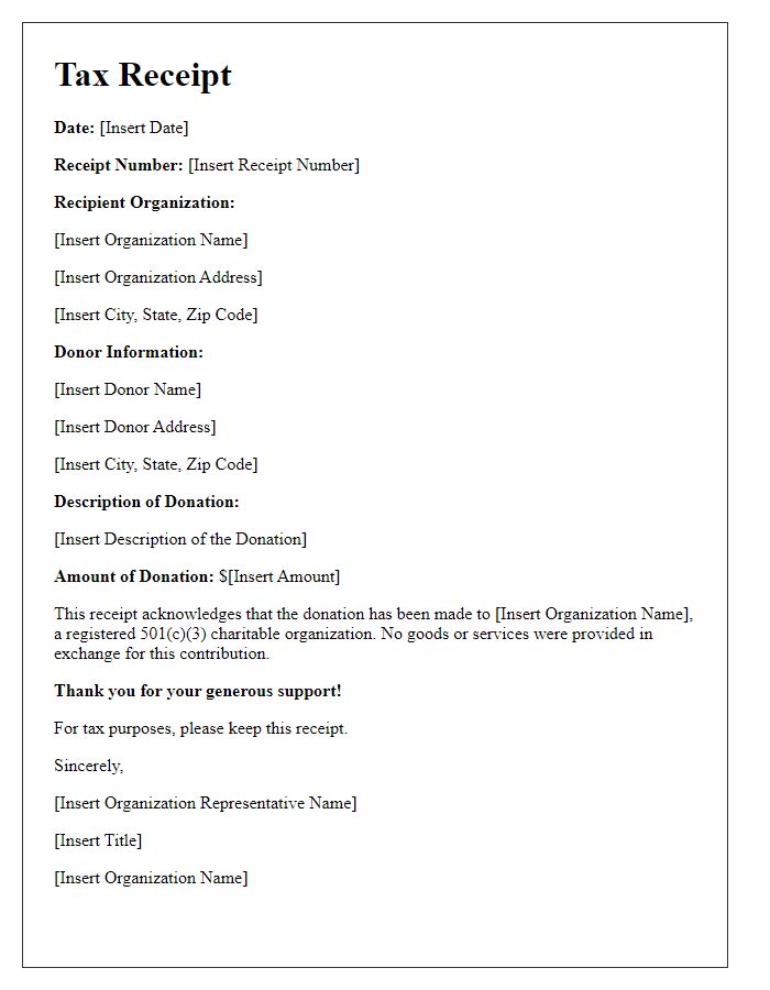 Letter template of tax receipt for charitable gift.