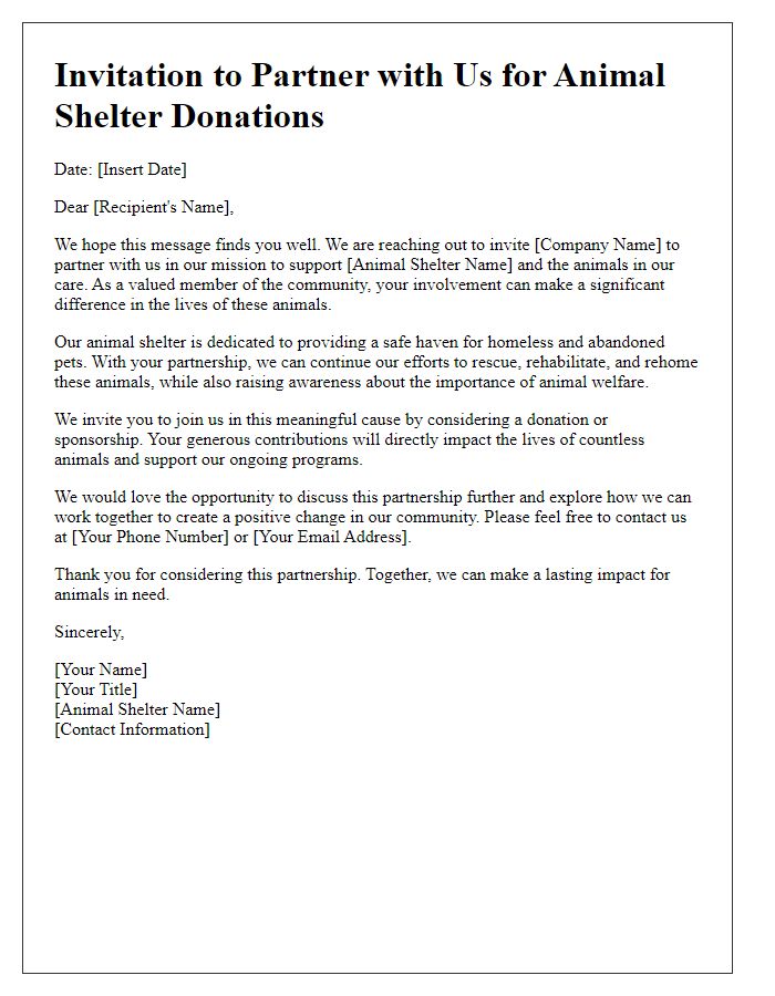 Letter template of corporate partnership invitation for animal shelter donations