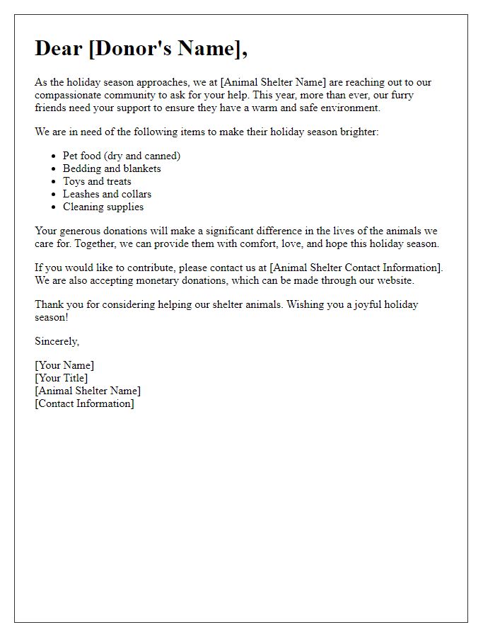 Letter template of holiday giving request for animal shelter needs