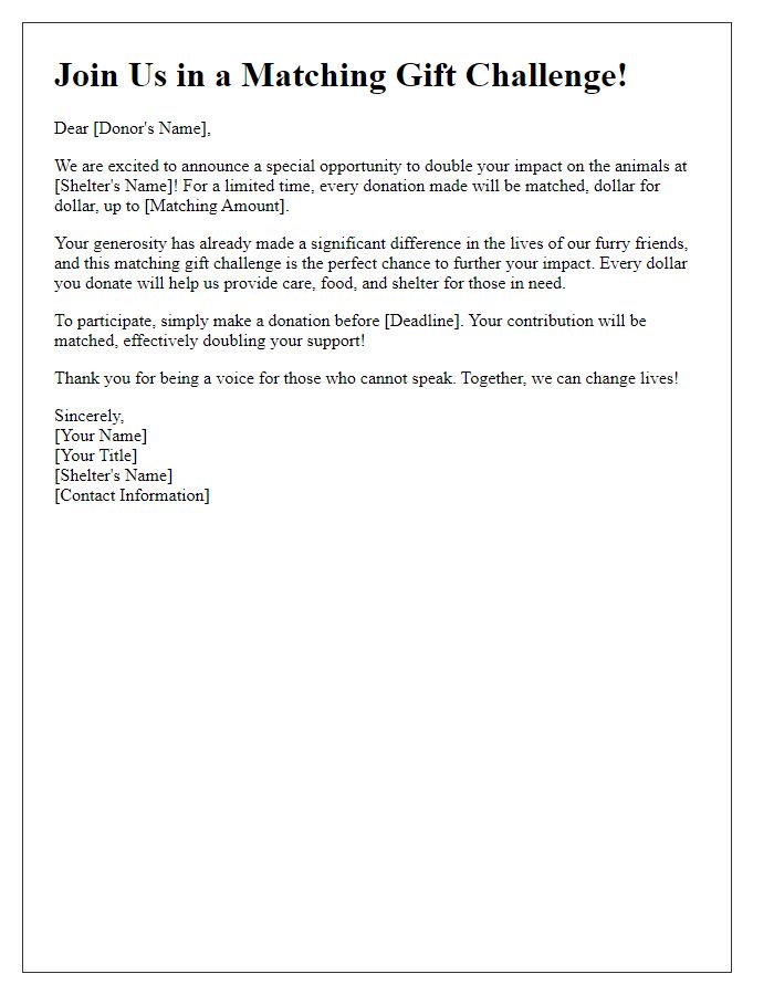 Letter template of matching gift challenge for animal shelter contribution