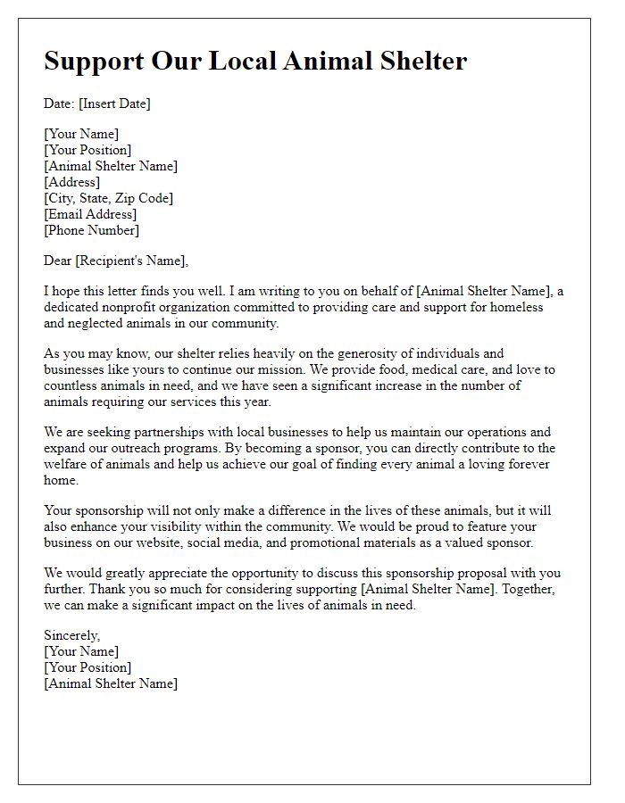 Letter template of sponsorship appeal for local animal shelter