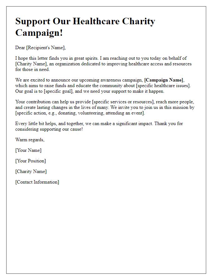 Letter template of awareness campaign for healthcare charity support