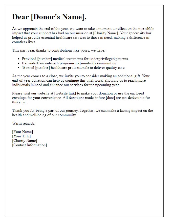 Letter template of end-of-year giving for healthcare charity donations