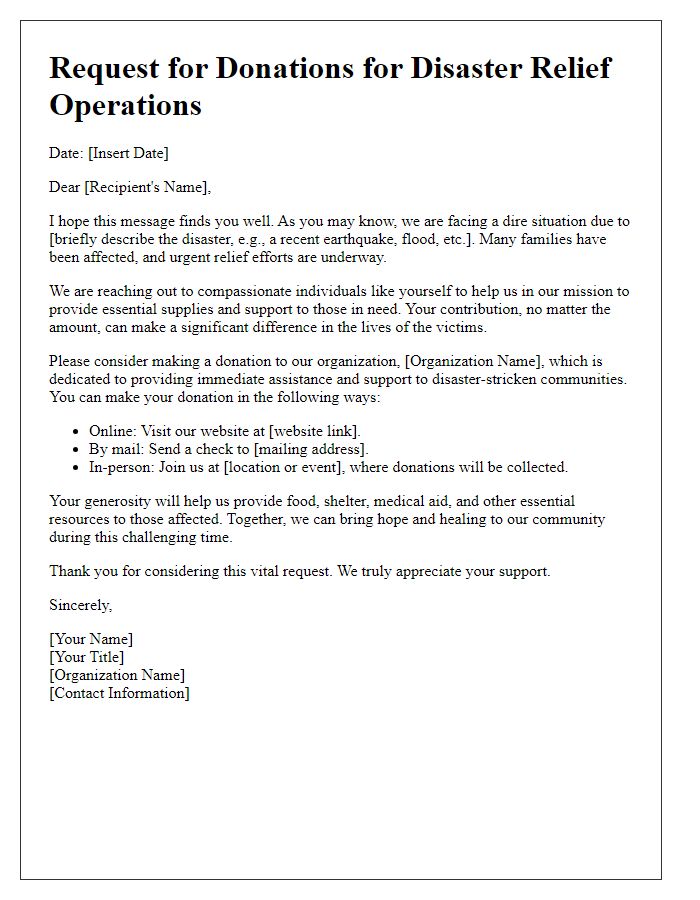 Letter template of a volunteer donation request for disaster relief operations.