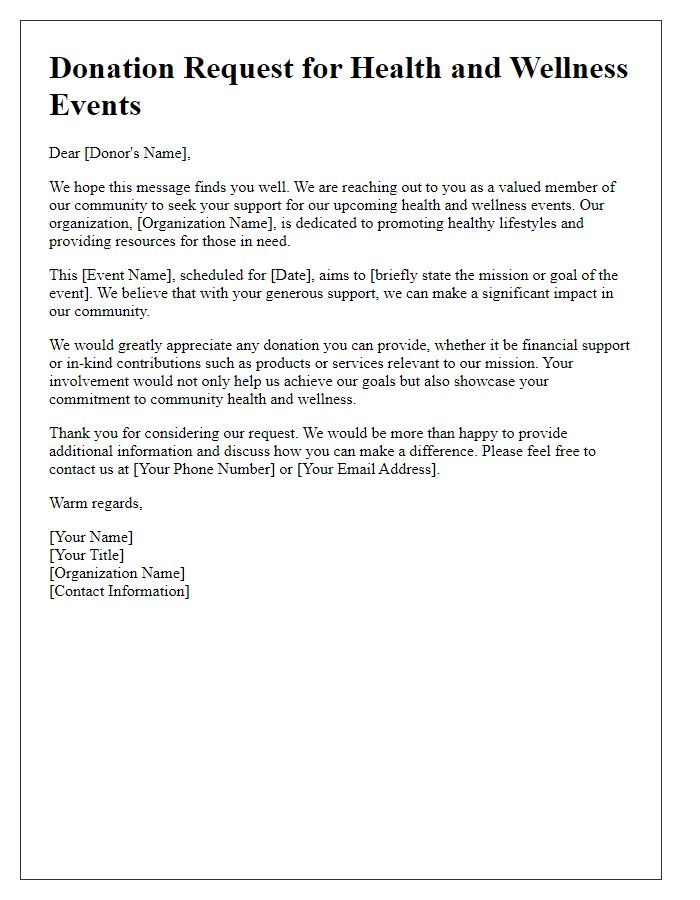 Letter template of a volunteer donation request for health and wellness events.